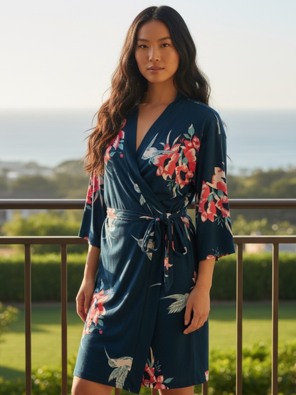 Serra Navy Floral Wrap Robe with Pink Accents